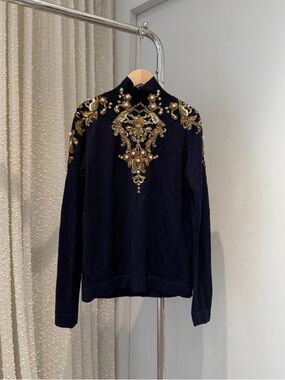 🚩steal Oscar de la Renta Navy Sweater with Gold Embroidered Detail